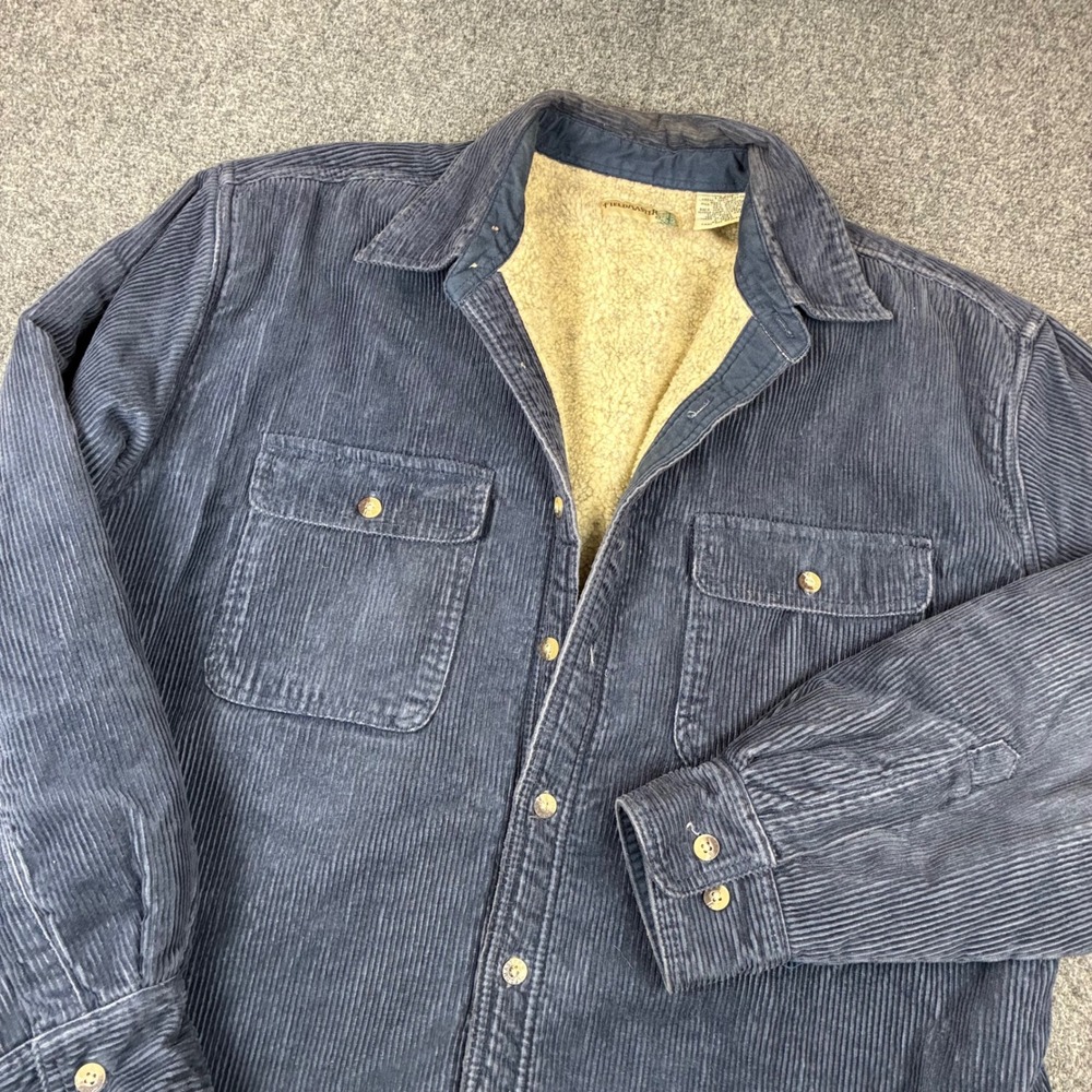 Vintage Fieldmaster Men Navy Blue Corduroy Sherpa Lined Jacket Large Chore Coat
